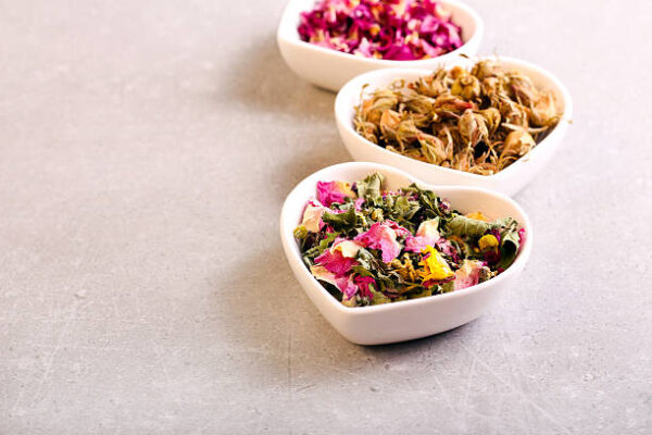 Assorted dried petals and herbs used for tea, perfumes, bath and cosmetics